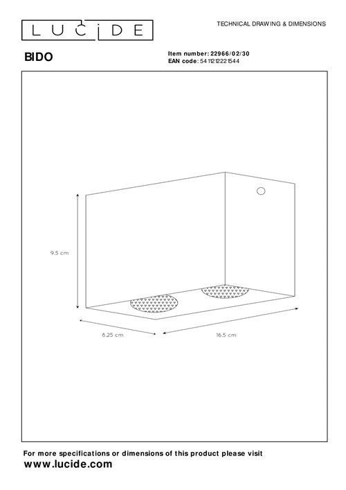 Lucide BIDO - Plafondspot - 2xGU10 - Zwart - technisch